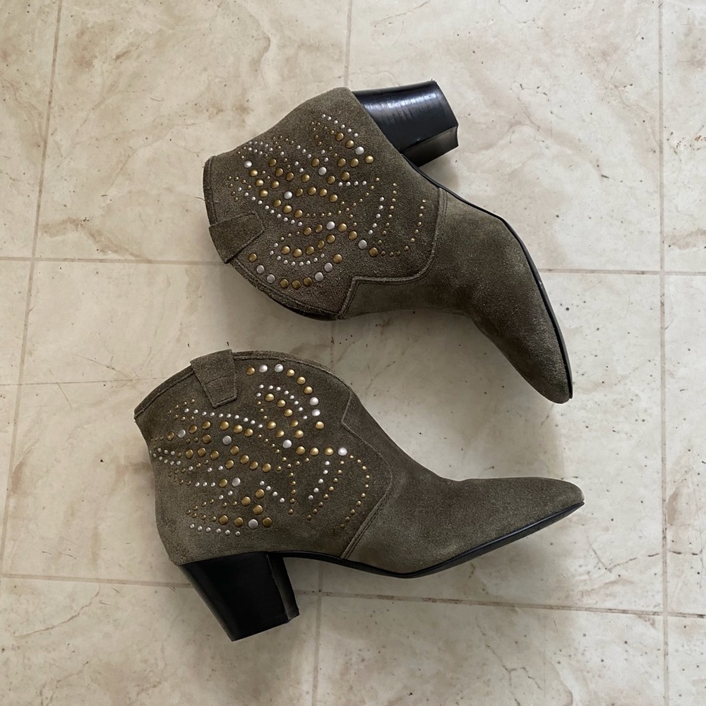 $225 ASH Spirit Green Suede Studded Western Boho Cowboy Cowgirl Ankle Boots 8.5